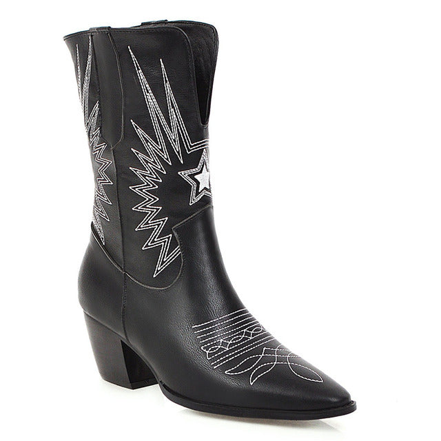 Ashoreshop Western Cowgirl Floral Boots For Women 2022 Pointed Toe Mid Calf Embroidery Boots