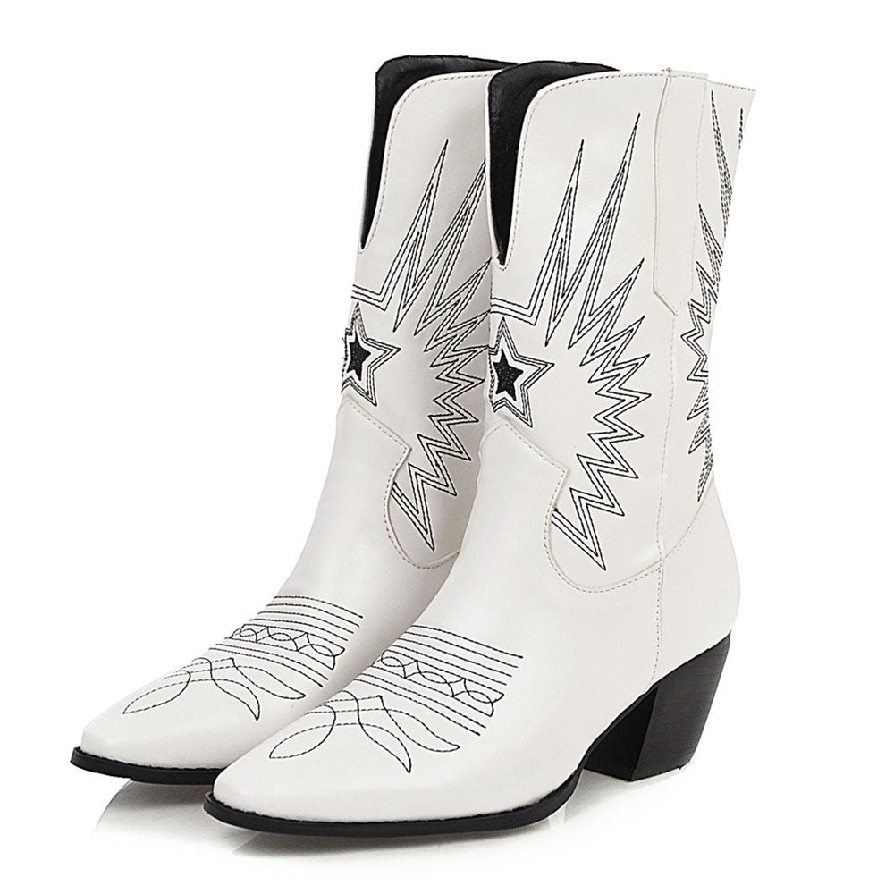 Ashoreshop Western Cowgirl Floral Boots For Women 2022 Pointed Toe Mid Calf Embroidery Boots