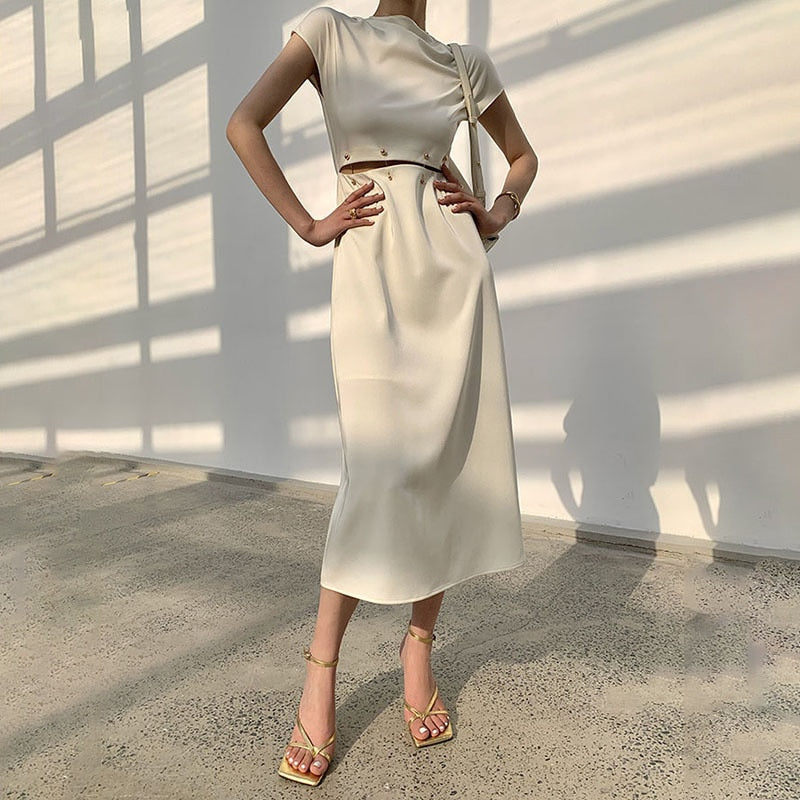 ASHORE SHOP Elegant White Long Dress Female Round Neck Short Sleeve High Waist Cut Out Midi Dresses For Woman Clothing Fashion