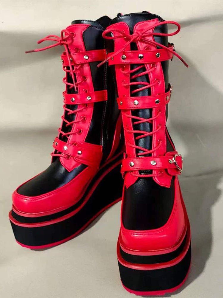 Ladies Mixed Colors Platform Boots Rivet Buckle Wedges High Heels women's Boots