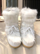 Ashore Shop Womens Snow Boots Winter Fur Boots Lace Up Middle Calf Platform Flat With White Ski Boots