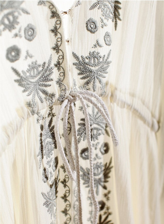 ASHORESHOP Long Beach Dresses Women Tunic Vintage Floral Embroidered Cotton Long Dress vestidos Casual Hippie Boho Asymmetric robe