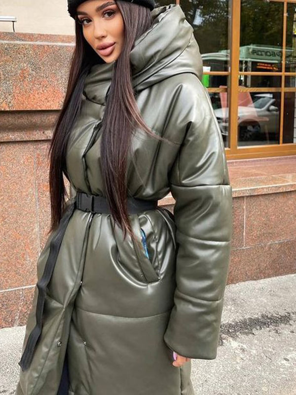 Hooded PU Leather Parkas Women Fashion Tie Belt Coats Women