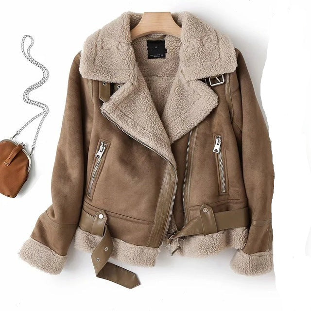 2022 New Winter Tops Women Suede Lambswool Biker Jackets