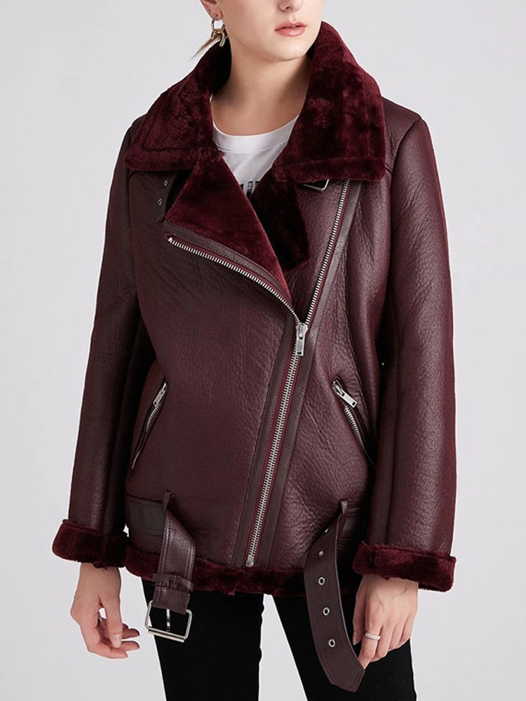 2022 Winter Coats Women Thick Faux Leather Fur Sheepskin Motorcycle Coat