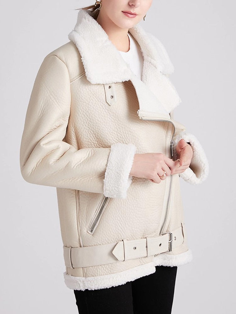 2022 Winter Coats Women Thick Faux Leather Fur Sheepskin Motorcycle Coat