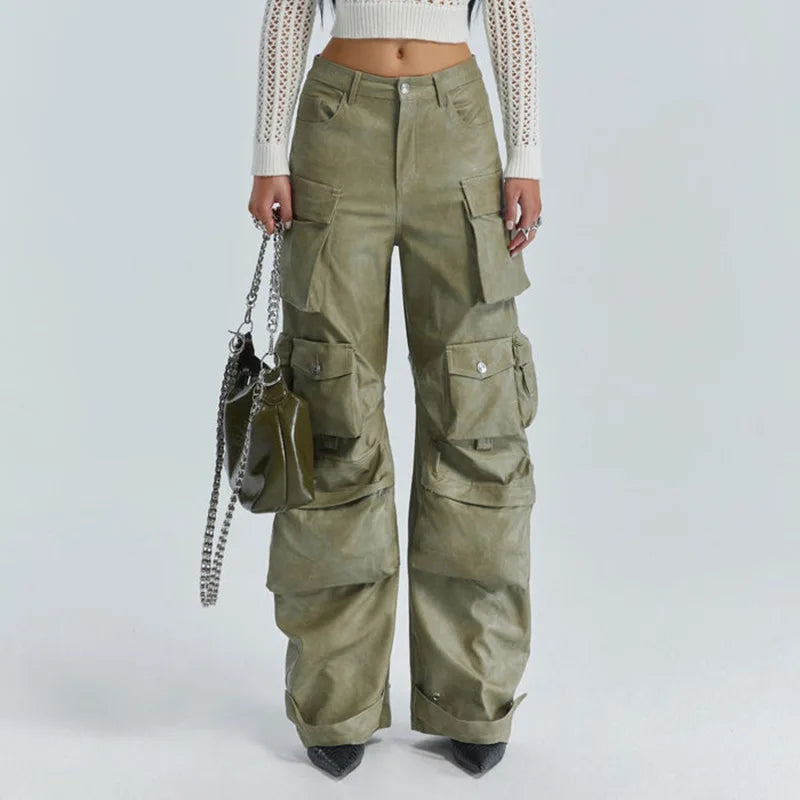 Ashore-shop-Women_Leather_Pants_Multi_Pockets_High_Waist_Trousers_Loose_Casual_All_Match_Long_PU_Cargo_Pants