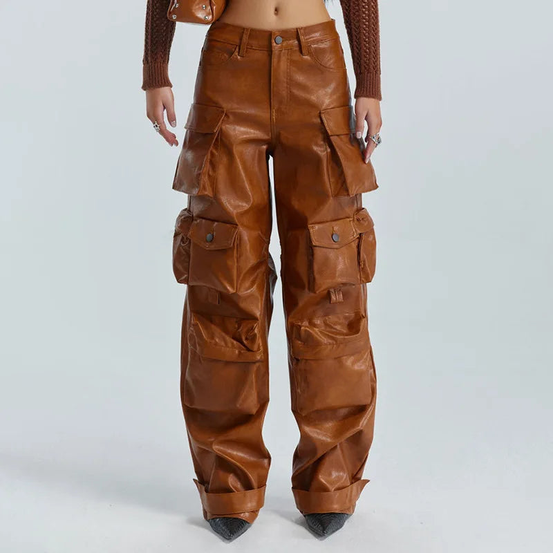 Ashore-shop-Women_Leather_Pants_Multi_Pockets_High_Waist_Trousers_Loose_Casual_All_Match_Long_PU_Cargo_Pants3