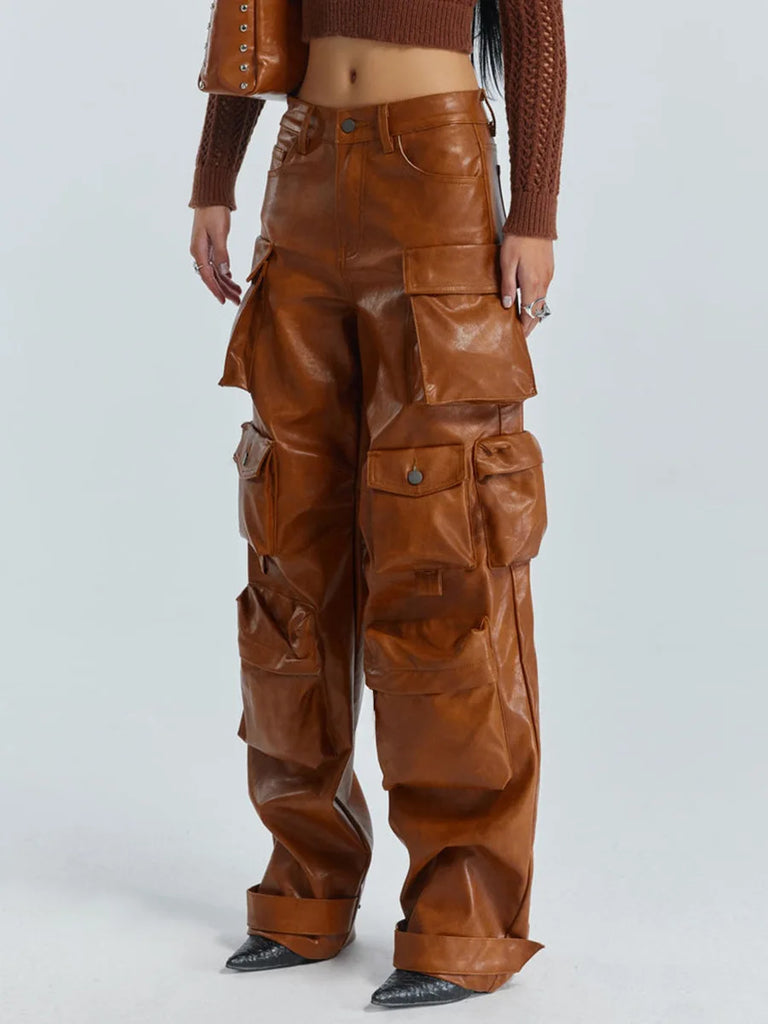 Ashore-shop-Women_Leather_Pants_Multi_Pockets_High_Waist_Trousers_Loose_Casual_All_Match_Long_PU_Cargo_Pants5