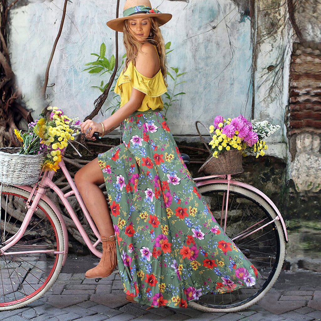 Boho Sets Summer vintage Print Women Dress Ruffle Sets Two-piece Suit Dress