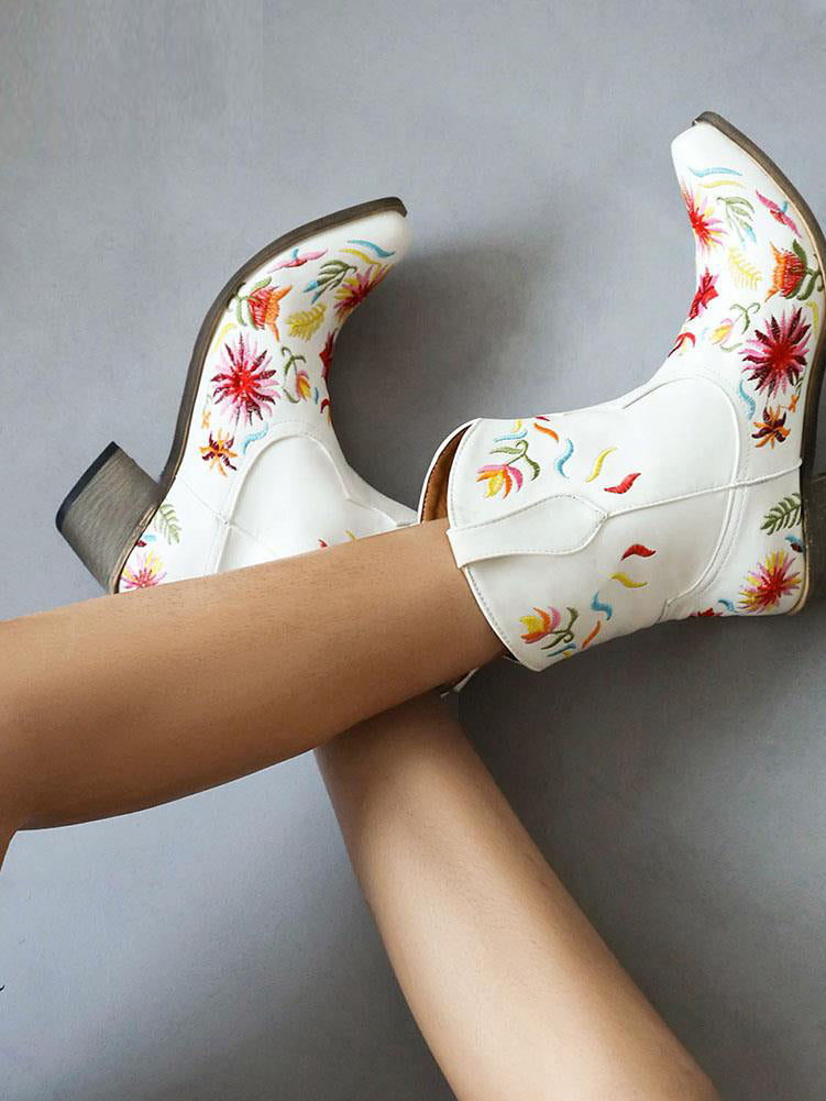 Embroidered Ankle Cowgirl  Boots Chunky Heels Pointed Toe Slip-On Floral Ankle Boots