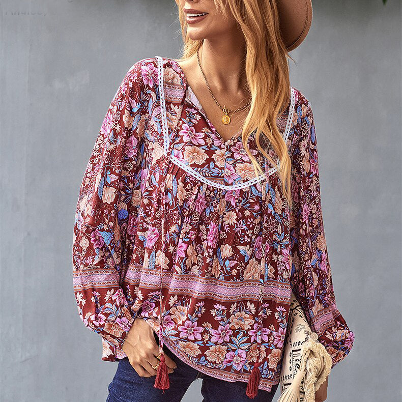 Ashore Shop Boho Floral Printed Blouse Shirt Spring Autumn Women Blouse