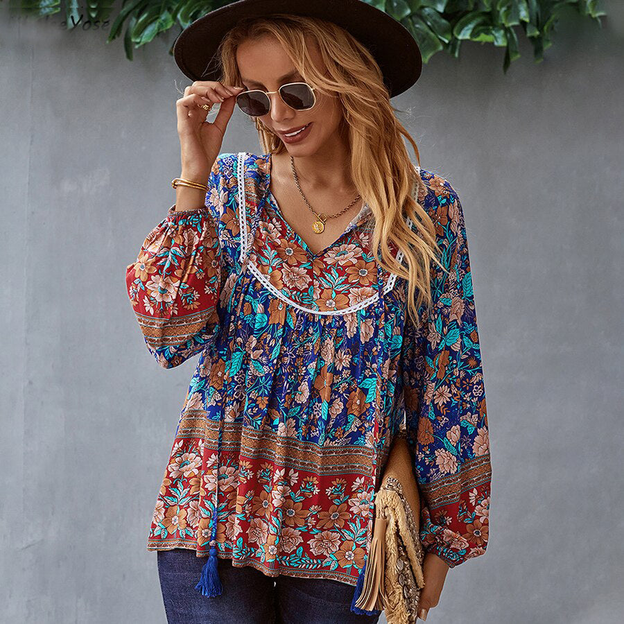 Ashore Shop Boho Floral Printed Blouse Shirt Spring Autumn Women Blouse