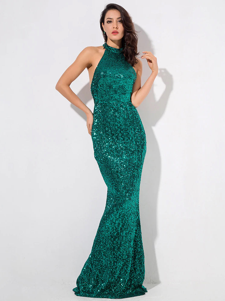 AshoreShop Mermaid Sequin Elegant Long Sleeveless Evening Dress Shimmering Color