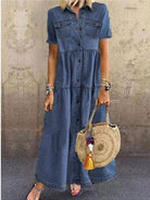 Long Solid Mercerized Denim Pleated Short Sleeve Shirt Dress 2022