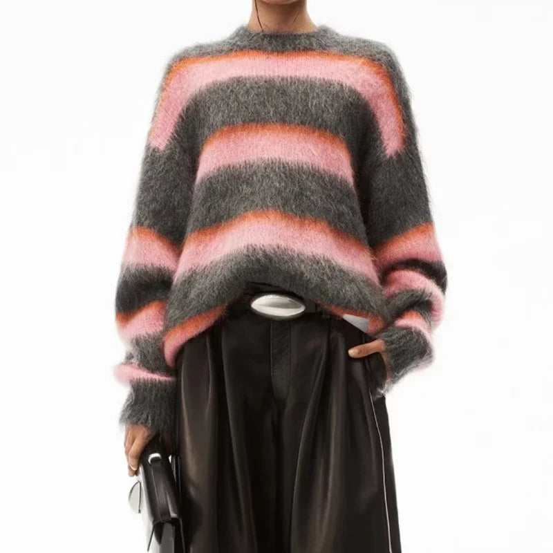 Ashoreshop-2024-New-Autumn-and-Winter-New-Contrast-Striped-Mohair-Loose-Knitted-Sweater