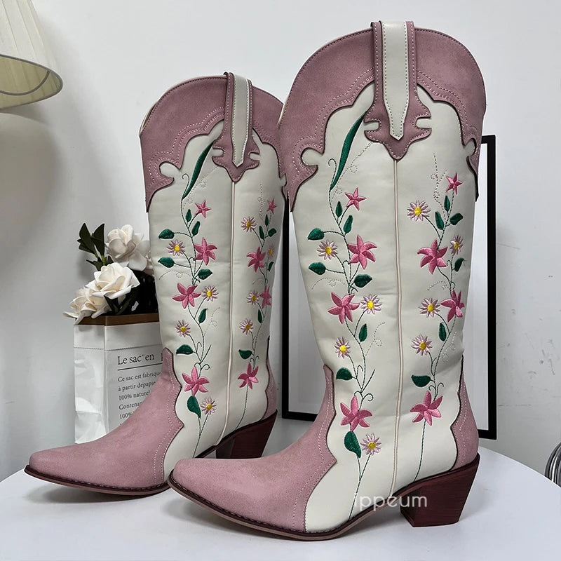 Ashoreshop-Cowgirl-Boots-Pink-Flower-Embroidered-Knee-Shoes-For-Women-Mid-Calf-Western-Botas-Cowboy-0