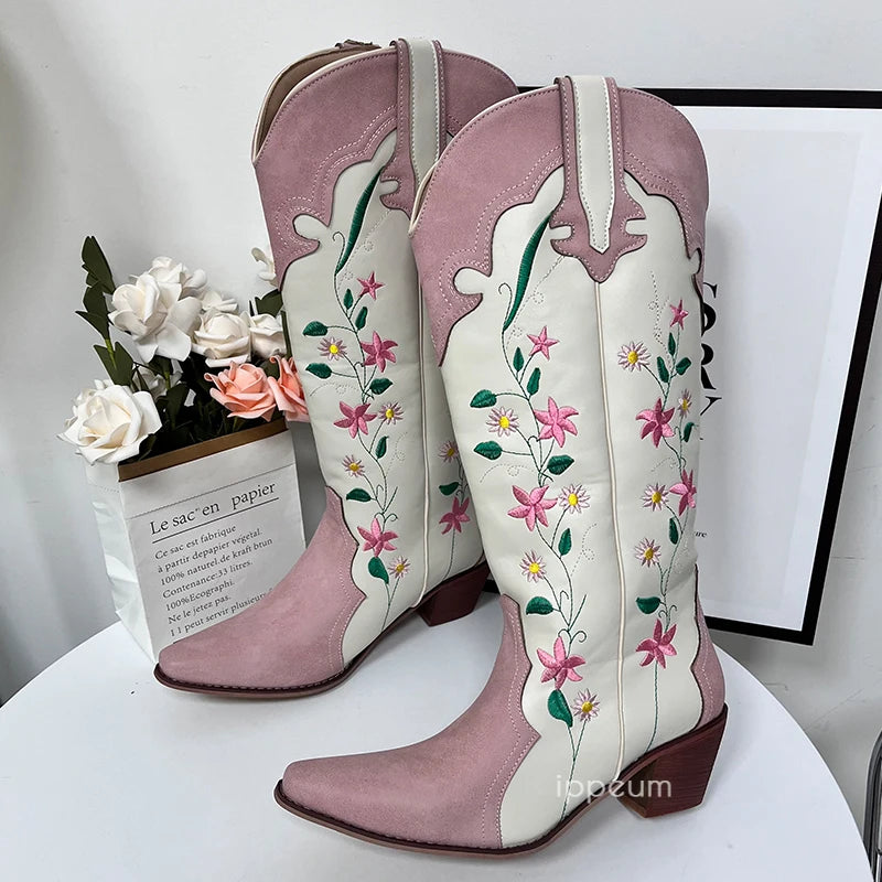 Ashoreshop-Cowgirl-Boots-Pink-Flower-Embroidered-Knee-Shoes-For-Women-Mid-Calf-Western-Botas-Cowboy-2