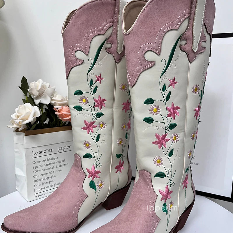 Ashoreshop-Cowgirl-Boots-Pink-Flower-Embroidered-Knee-Shoes-For-Women-Mid-Calf-Western-Botas-Cowboy-3