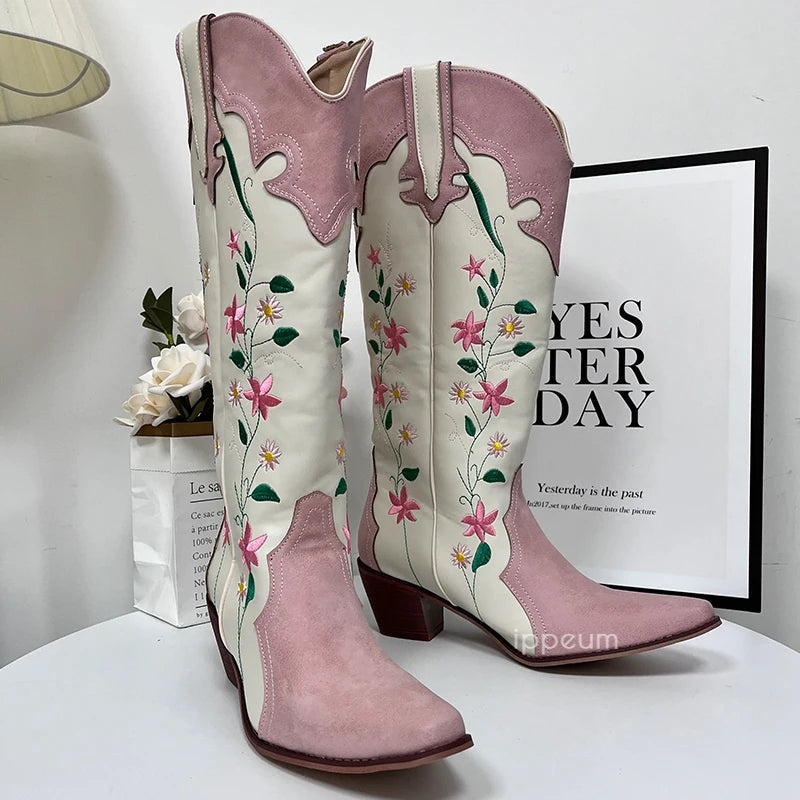Ashoreshop-Cowgirl-Boots-Pink-Flower-Embroidered-Knee-Shoes-For-Women-Mid-Calf-Western-Botas-Cowboy-4