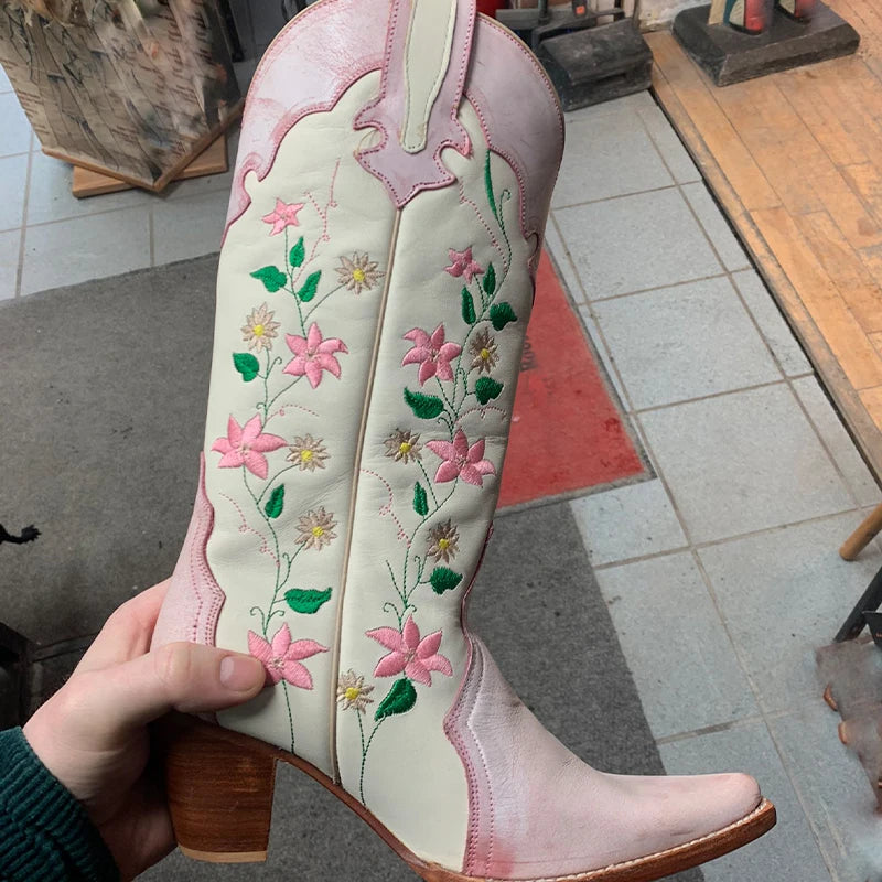 Ashoreshop-Cowgirl-Boots-Pink-Flower-Embroidered-Knee-Shoes-For-Women-Mid-Calf-Western-Botas-Cowboy