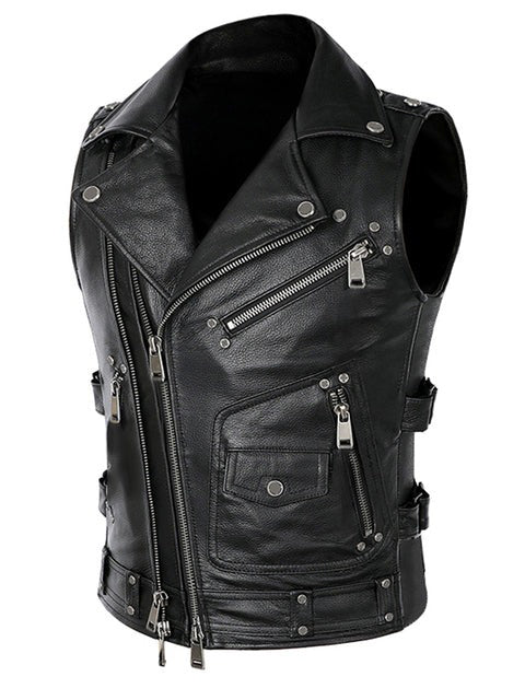 Ashore Biker Shop Black Motorcycle Leather Vest Men Zipper Pockets