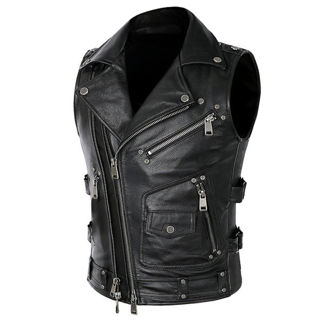 Ashore Biker Shop Black Motorcycle Leather Vest Men Zipper Pockets