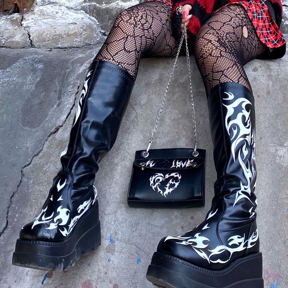 Punk Goth Platform High Wedges Boots Punk Mid Calf Boots