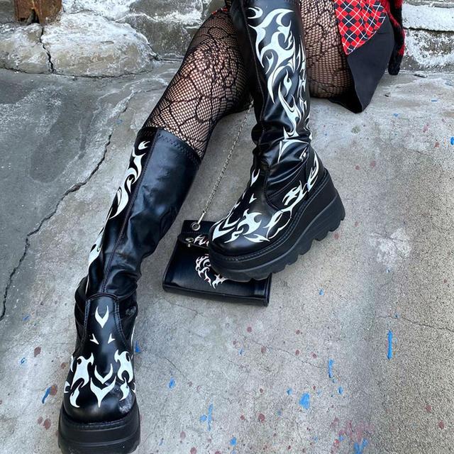 Punk Goth Platform High Wedges Boots Punk Mid Calf Boots