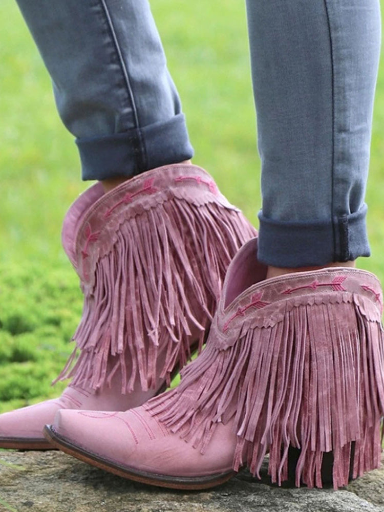 2022 Autumn Tassel Ankle Cowgirl Boots Square Heels Pointed Toe