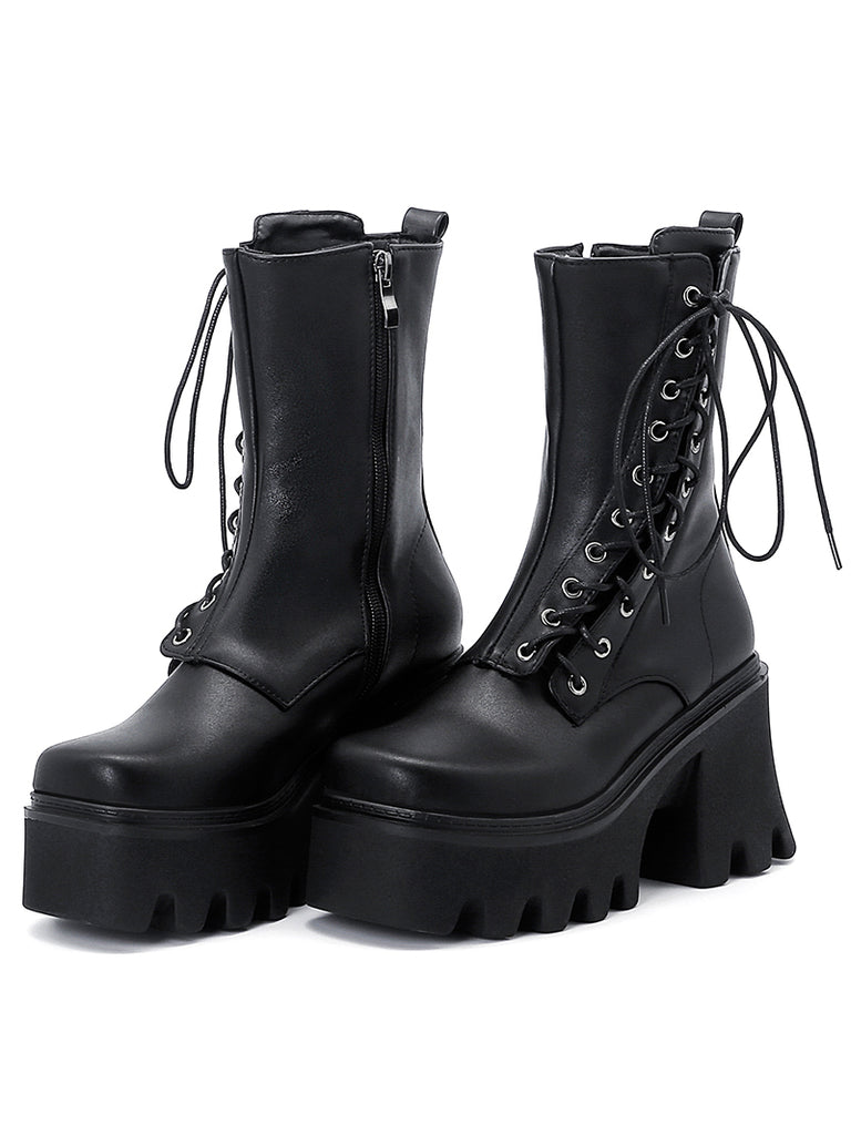 Biker Girl's Boots Women Boots With Zipper Sideway Lace Up Motorcycle High Platform Boots