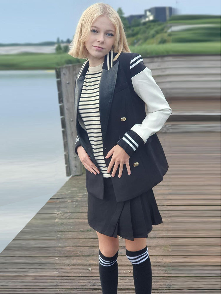 Captain Girl 2021 Blazer Varsity Jacket Women's Leather Sleeve Lion Buttons Blazer + Skirt