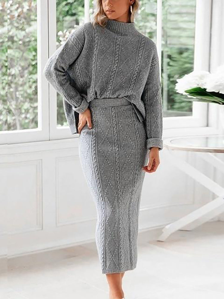 Ashoreshop Gray Two Piece Set Turtleneck Pullovers And Long Skirt