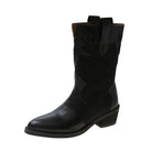  Chunky Heels Ladies Pointed Toe Stitching Mid-boots Ethnic Style Leather Boots