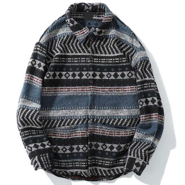 Men Autumn Winter Warm Woolen Shirt Jacket Unisex Long Sleeve Aztec Western Flannel Shirt