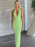 Long Knitted Dress Solid Color Halter Neck Hollow Open Back Slim Fit Long Dresses