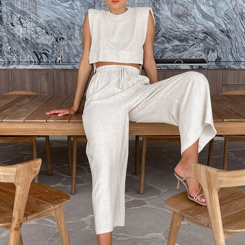 Summer Khaki Linen Pants Sets Women 2 Piece Fashion Sexy Lace-Up Crop Tops Vacation Elastic Waist Loose Long Pants Suits - Khaki / M Summer Khaki Linen Pants Sets Women 2 Piece Fashion Sexy Lace-Up Crop Tops Vacation Elastic Waist Loose Long Pants Suits - Khaki / M