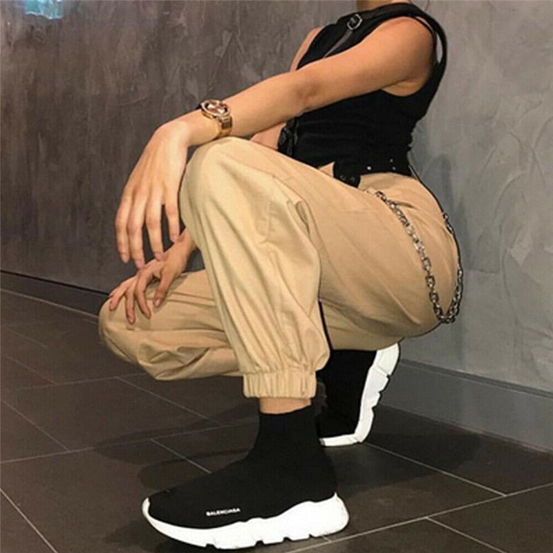 Black Khaki Women Casual High Waist Cargo Comfortable Roomy Pants 