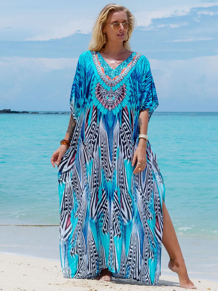 Ashore Vacation Shop Bohemian Seaside Plus Size Print Kaftan Maxi Dress