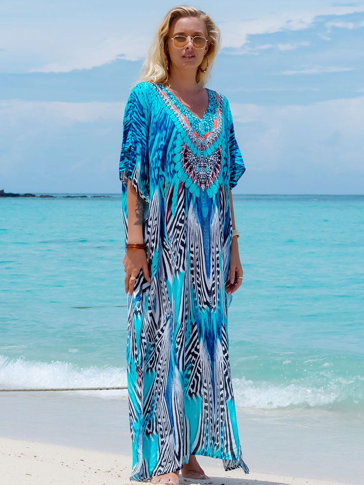 Ashore Vacation Shop Bohemian Seaside Plus Size Print Kaftan Maxi Dress