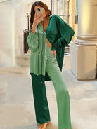 Vacation Comfort 2pc Matching Sets Spliced Satin Loose Luxury Shirt + Pants Sets