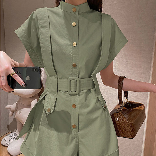 Cargo Rompers Women All-match Streetwear Crimping Overalls Sashes Loose Safari Style Empire Playsuits Female Hot Sale Military