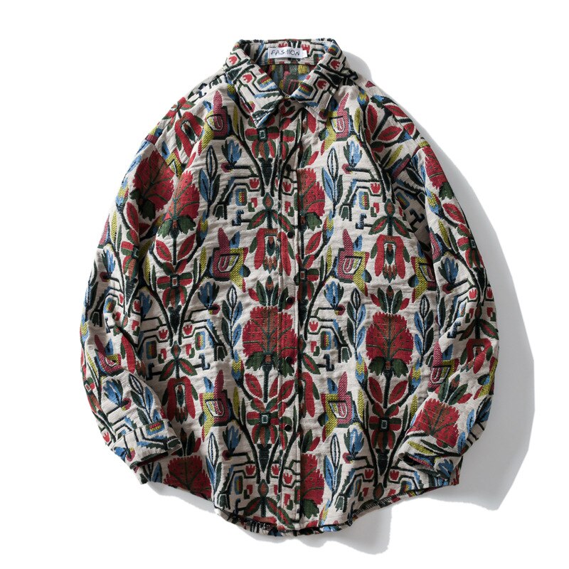 Mens Womens Western Casual Flowers Jacquard Long Sleeve Shirt Coats