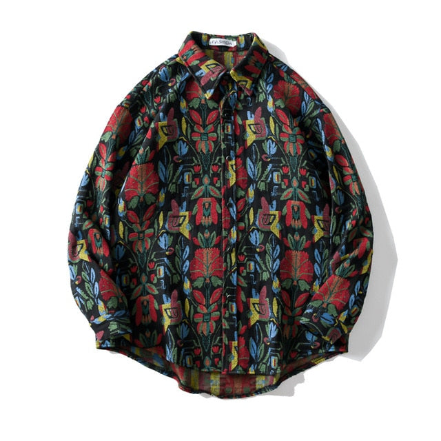 Mens Womens Western Casual Flowers Jacquard Long Sleeve Shirt Coats