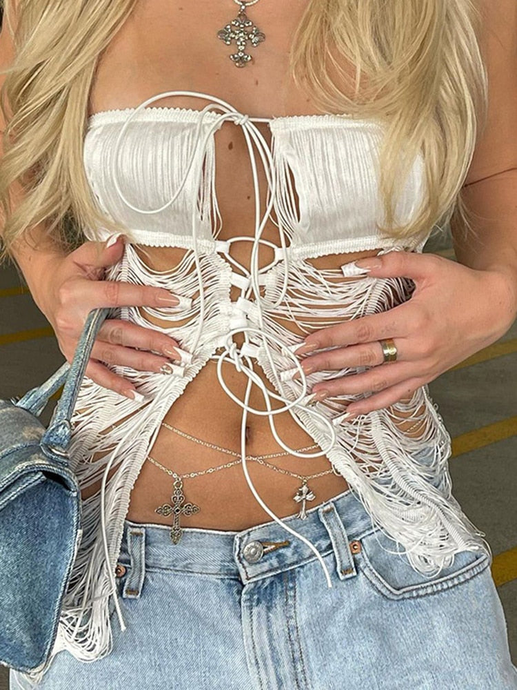 ASHORE SHOP Fringe Bandage Crop Tops for Women Summer Fun Cut Out Sexy Tie Front Tops