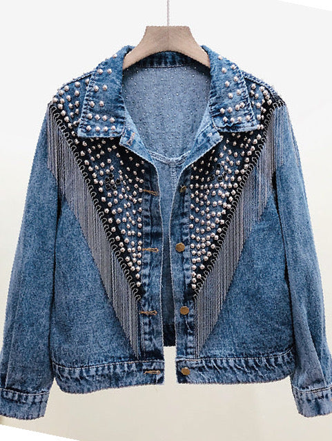 2022 Western Tassel Denim Jacket Women Hand-studded Rivet Tassel Chain Cowgirl Jeans Jacket