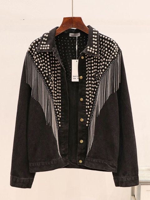 2022 Western Tassel Denim Jacket Women Hand-studded Rivet Tassel Chain Cowgirl Jeans Jacket