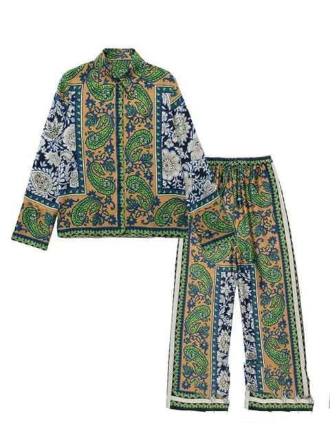 Vintage Green Floral Women Casual Matching Suits