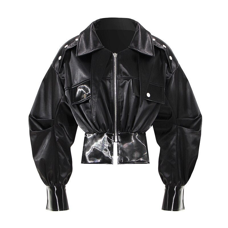 Ashoreshop 2022 Autumn Women Motorcycle Jackets Zipper Spliced Short Faux Leather Coat