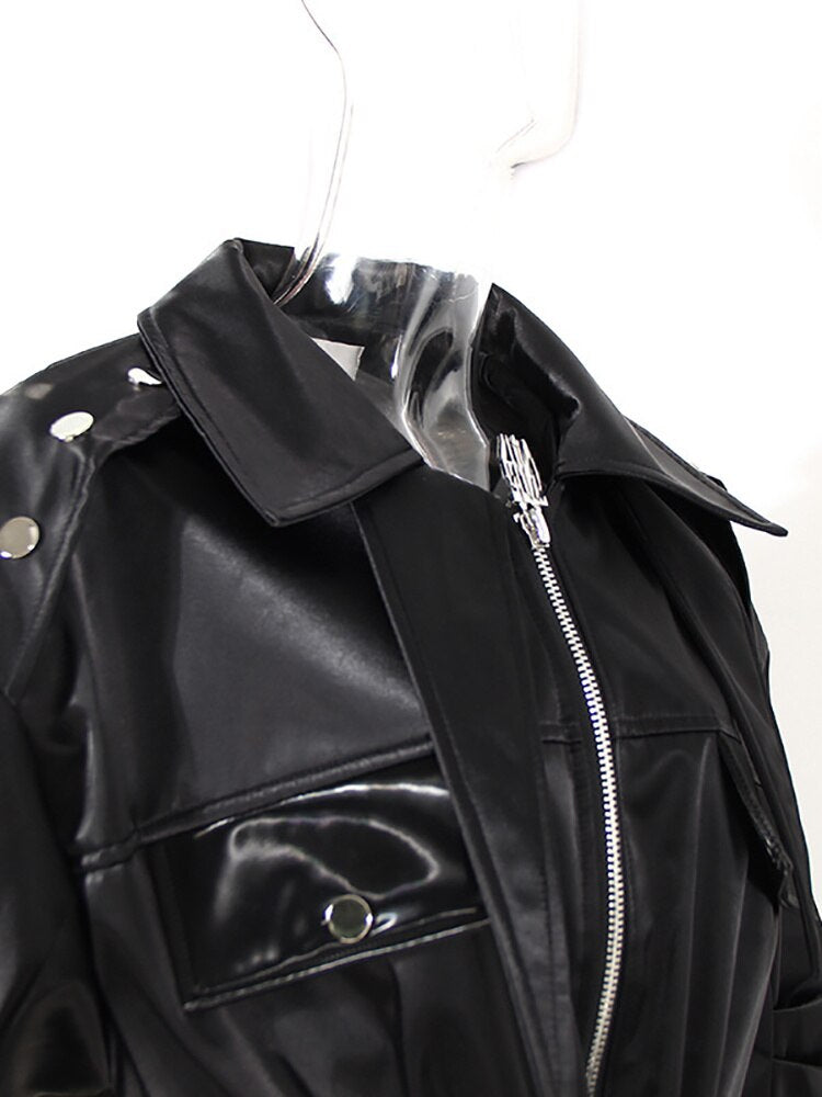 2022 Autumn Women Motorcycle Jackets Zipper Spliced Short Faux Leather Coat